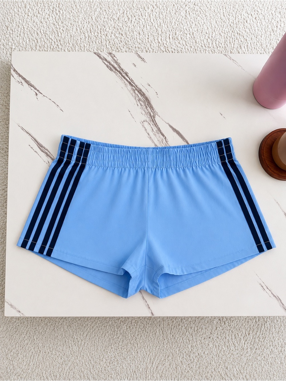 Edikted Light Blue Athletic Shorts with Navy Side Stripes